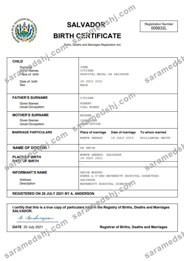Salvador birth certificate Word and PDF template